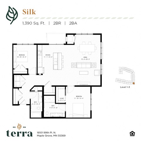 Floor plan for 2 beds, 2 baths, 1390 sqft
