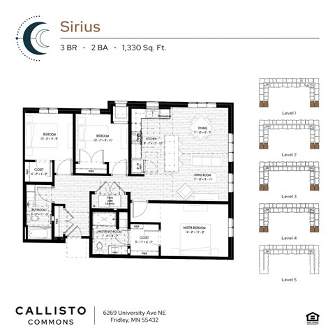 Floor plan for 3 beds, 2 baths, 1330 sqft