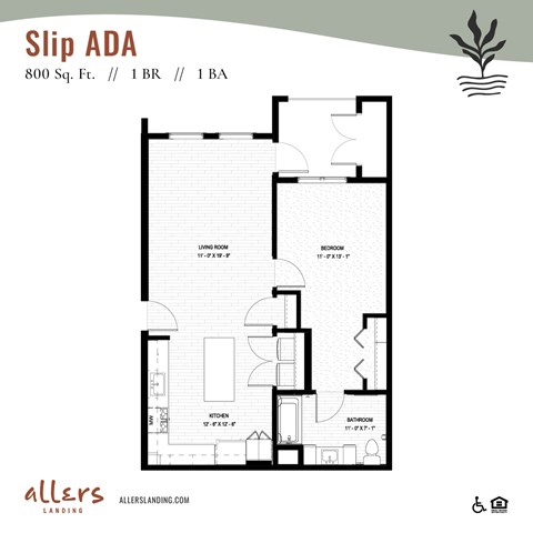 Floor plan for 1 bed, 1 bath, 800 sqft