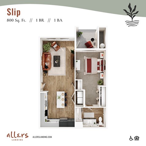 Floor plan for 1 bed, 1 bath, 800 sqft