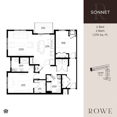 Floor plan for 2 beds, 2 baths, 1276 sqft