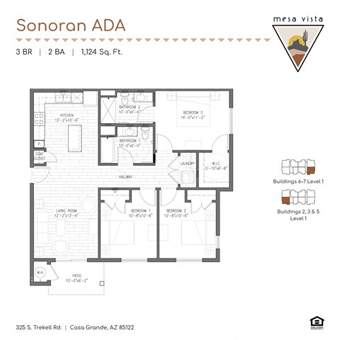 Floor plan for 3 beds, 2 baths, 1124 sqft