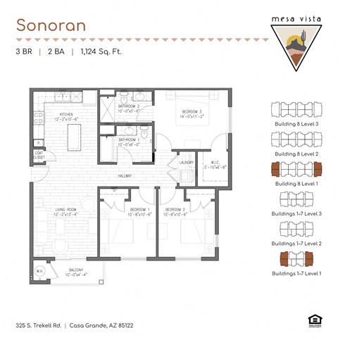 Floor plan for 3 beds, 2 baths, 1117 sqft