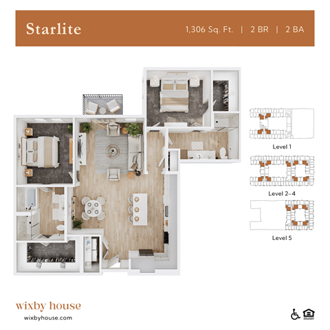 Floor plan for 2 beds, 2 baths, 1306 sqft