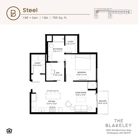 Floor plan for 1 bed, 1 bath, 795 sqft