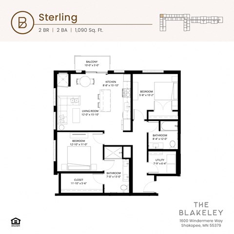 Floor plan for 2 beds, 2 baths, 1090 sqft