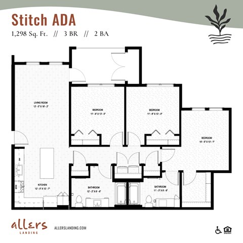 Floor plan for 3 beds, 2 baths, 1298 sqft