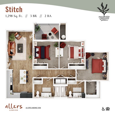 Floor plan for 3 beds, 2 baths, 1298 sqft