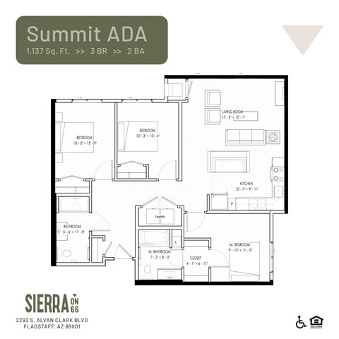 Floor plan for 3 beds, 2 baths, 1137 sqft