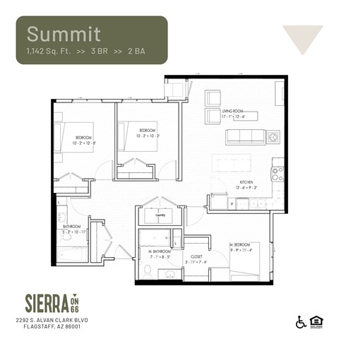 Floor plan for 3 beds, 2 baths, 1142 sqft