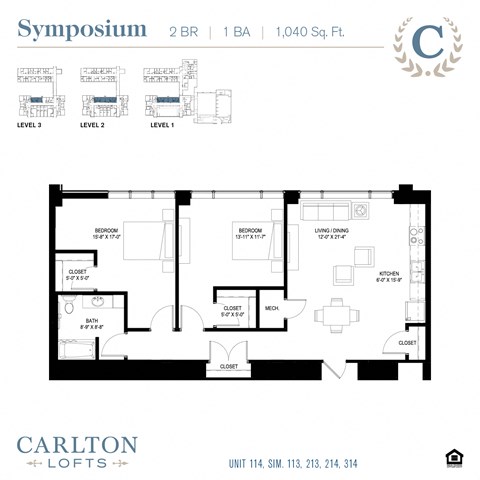 Floor plan for 2 beds, 1 bath, 1040 sqft