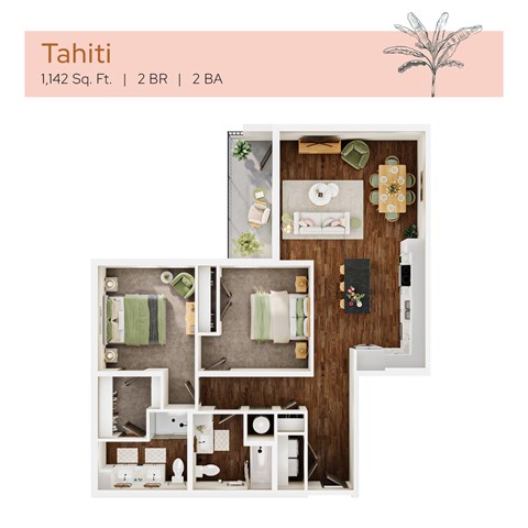 Floor plan for 2 beds, 2 baths, 1143 sqft