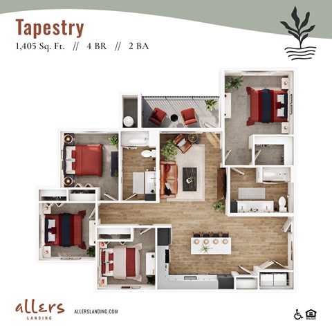 Floor plan for 4 beds, 2 baths, 1405 sqft