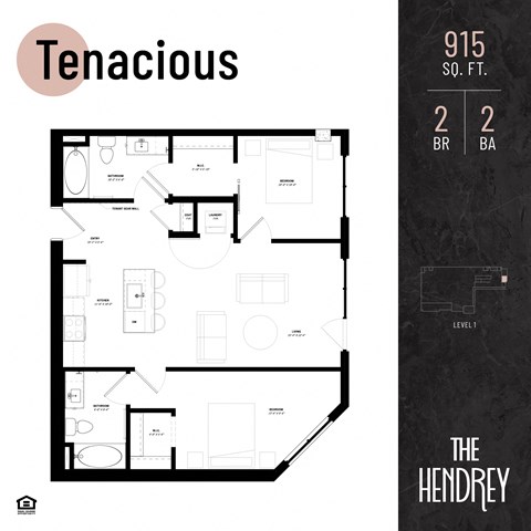 Floor plan for 2 beds, 2 baths, 915 sqft
