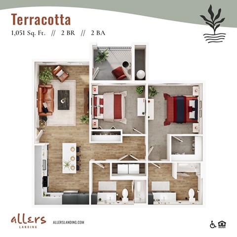 Floor plan for 2 beds, 2 baths, 1051 sqft