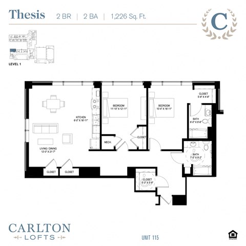 Floor plan for 2 beds, 2 baths, 1226 sqft