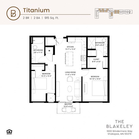 Floor plan for 2 beds, 2 baths, 915 sqft