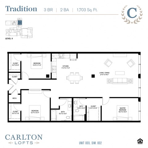 Floor plan for 3 beds, 2 baths, 1703 sqft