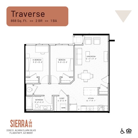 Floor plan for 2 beds, 1 bath, 868 sqft