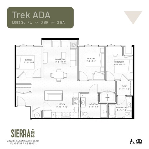 Floor plan for 3 beds, 2 baths, 1082 sqft
