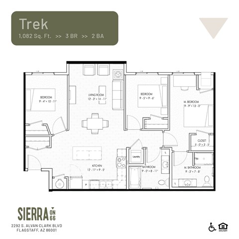 Floor plan for 3 beds, 2 baths, 1082 sqft