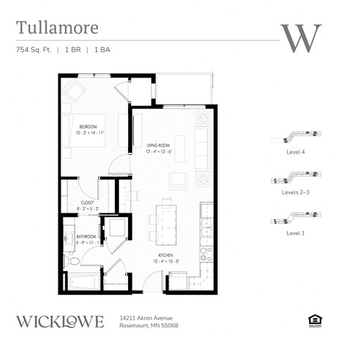 Floor plan for 1 bed, 1 bath, 755 sqft