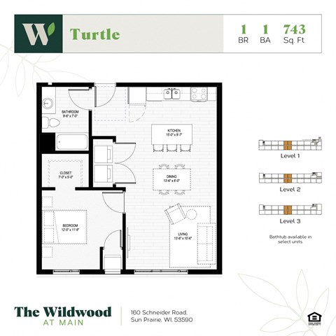 Floor plan for 1 bed, 1 bath, 743 sqft