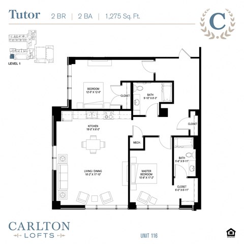 Floor plan for 2 beds, 2 baths, 1275 sqft