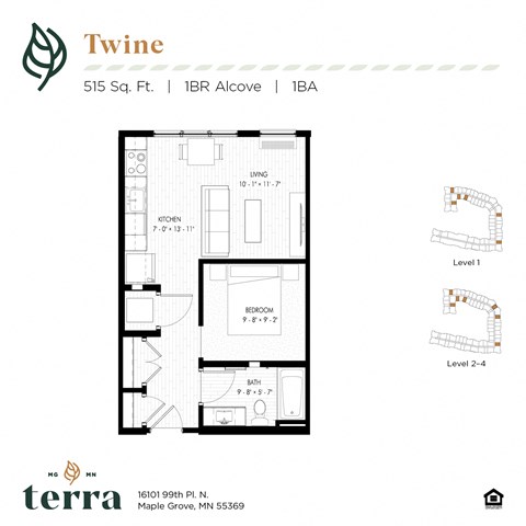 Floor plan for 1 bed, 1 bath, 515 sqft