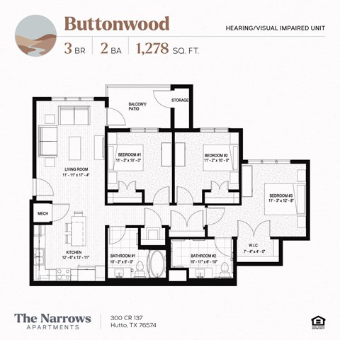 Floor plan for 3 beds, 2 baths, 1278 sqft