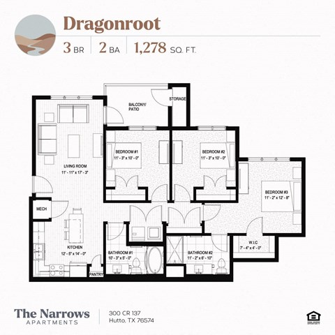 Floor plan for 3 beds, 2 baths, 1278 sqft