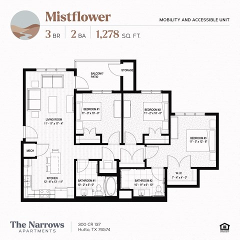 Floor plan for 3 beds, 2 baths, 1278 sqft