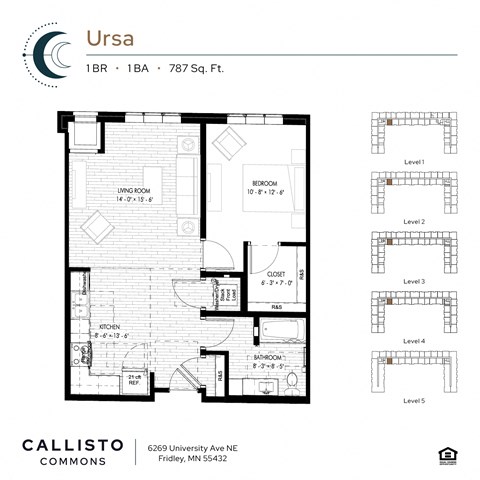 Floor plan for 1 bed, 1 bath, 787 sqft