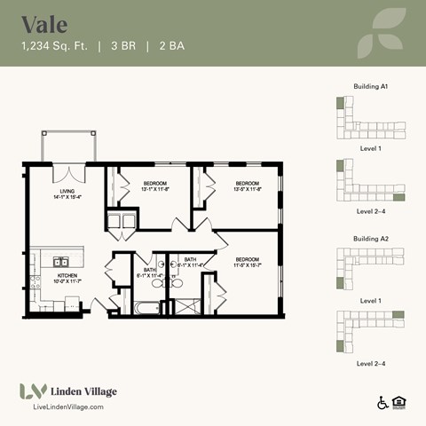 Floor plan for 3 beds, 2 baths, 1234 sqft