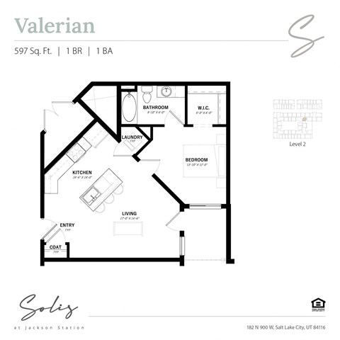 Floor plan for 1 bed, 1 bath, 597 sqft