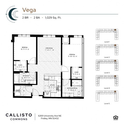 Floor plan for 2 beds, 2 baths, 1029 sqft