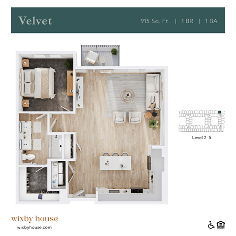 Floor plan for 1 bed, 1 bath, 915 sqft