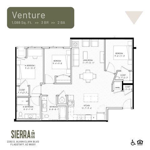 Floor plan for 3 beds, 2 baths, 1088 sqft