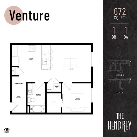 Floor plan for 1 bed, 1 bath, 672 sqft