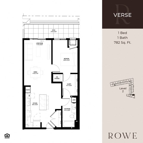 Floor plan for 1 bed, 1 bath, 782 sqft