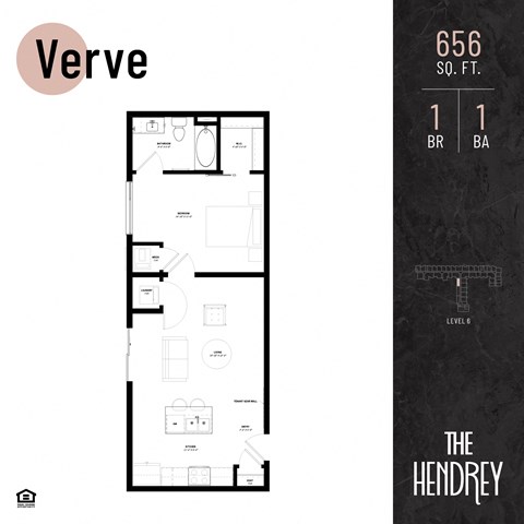 Floor plan for 1 bed, 1 bath, 656 sqft