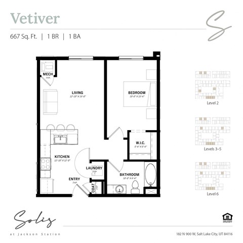 Floor plan for 1 bed, 1 bath, 667 sqft