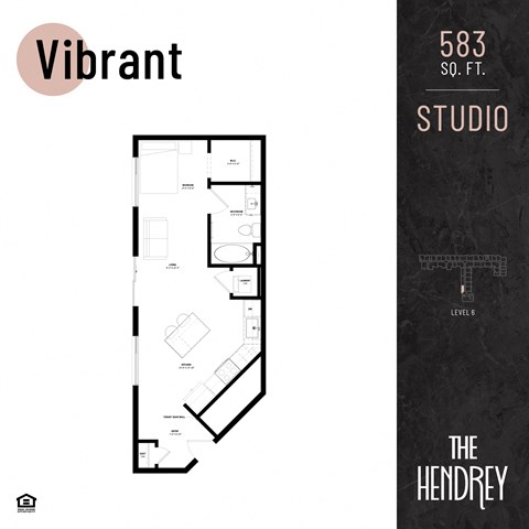 Floor plan for studio, 1 bath, 583 sqft