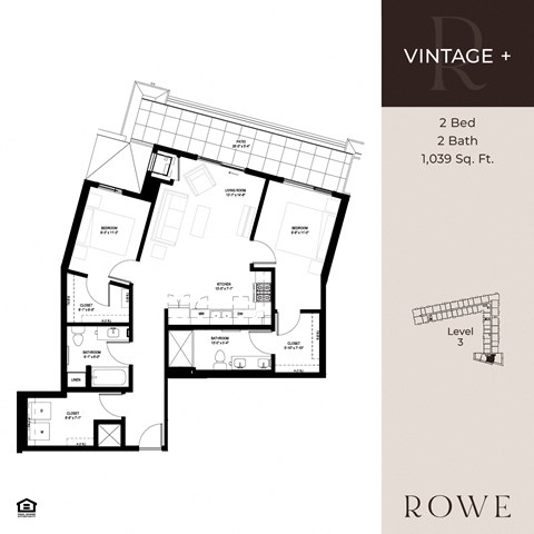 Floor plan for 2 beds, 2 baths, 1039 sqft