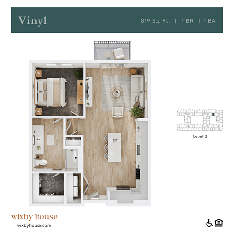 Floor plan for 1 bed, 1 bath, 819 sqft