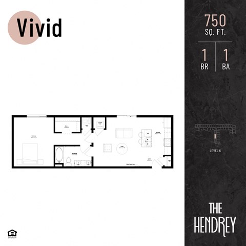 Floor plan for 1 bed, 1 bath, 750 sqft