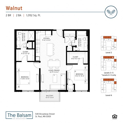 Floor plan for 2 beds, 2 baths, 1052 sqft