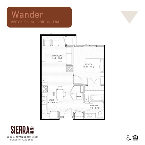 Floor plan for 1 bed, 1 bath, 660 sqft