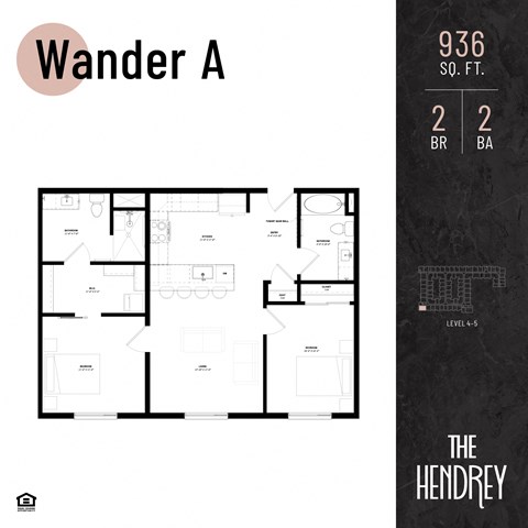 Floor plan for 2 beds, 2 baths, 936 sqft