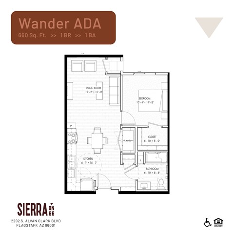 Floor plan for 1 bed, 1 bath, 660 sqft